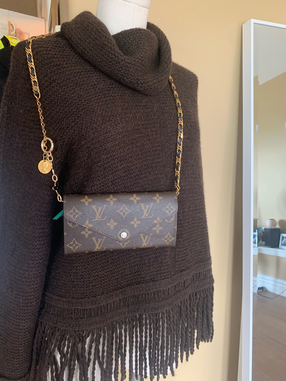 Louis Vuitton Brown Monogram Crossbody Wallet with Gold Chain I added the chain.